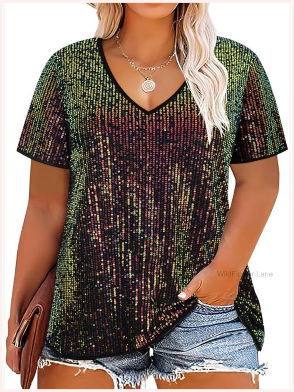 Plus Size Sequin Top Short Sleeve Party Blouse V Neck Glitter Shirt Women